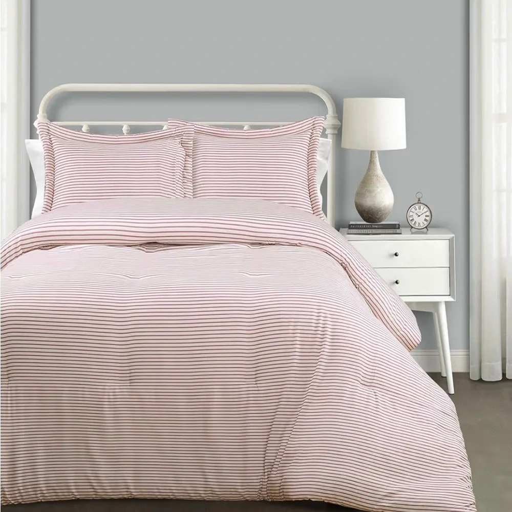 Lush Decor Farmhouse Stripe Reversible Comforter Set Full/Queen Red 3pc NEW